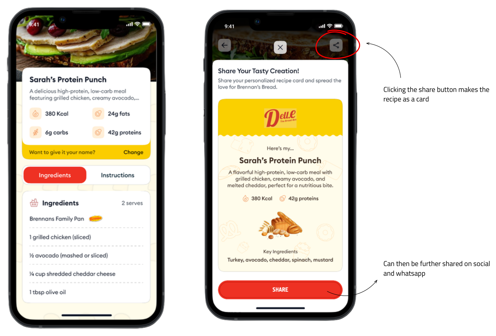 fig.01 — Delle's branded, shareable recipe card for Sarah's Protein Punch, ready for social and WhatsApp