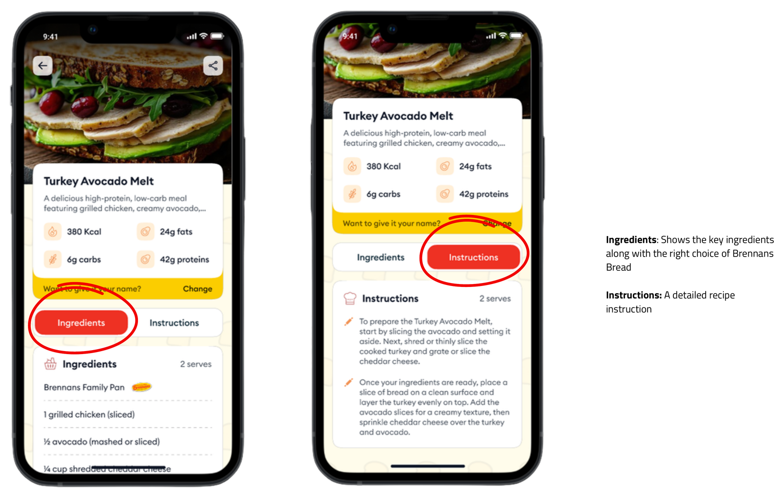 fig.02 — recipe ingredients screen, led by a named Brennan's bread SKU