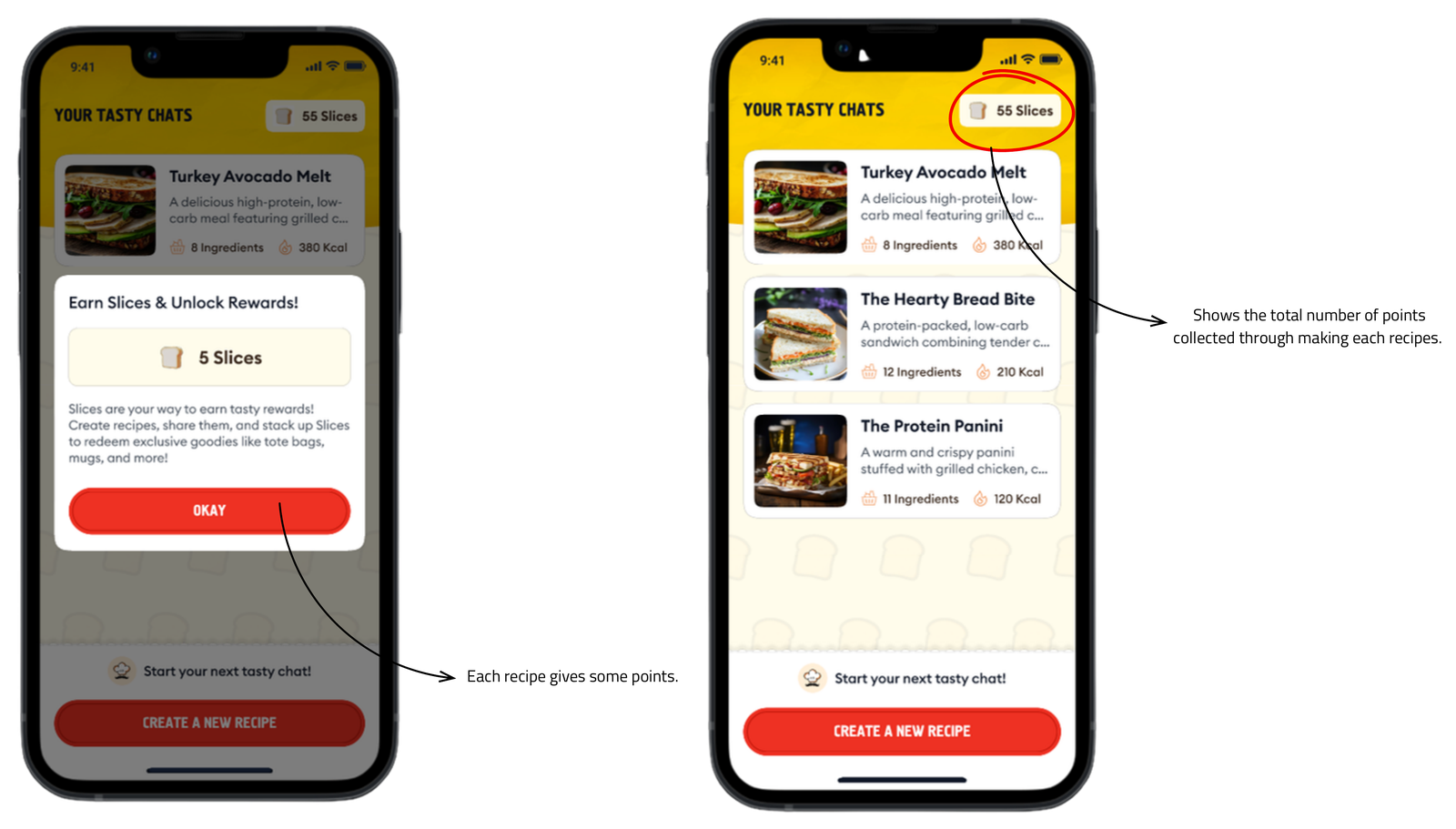 fig.03 — the Slices reward screen, points earned per recipe created and shared