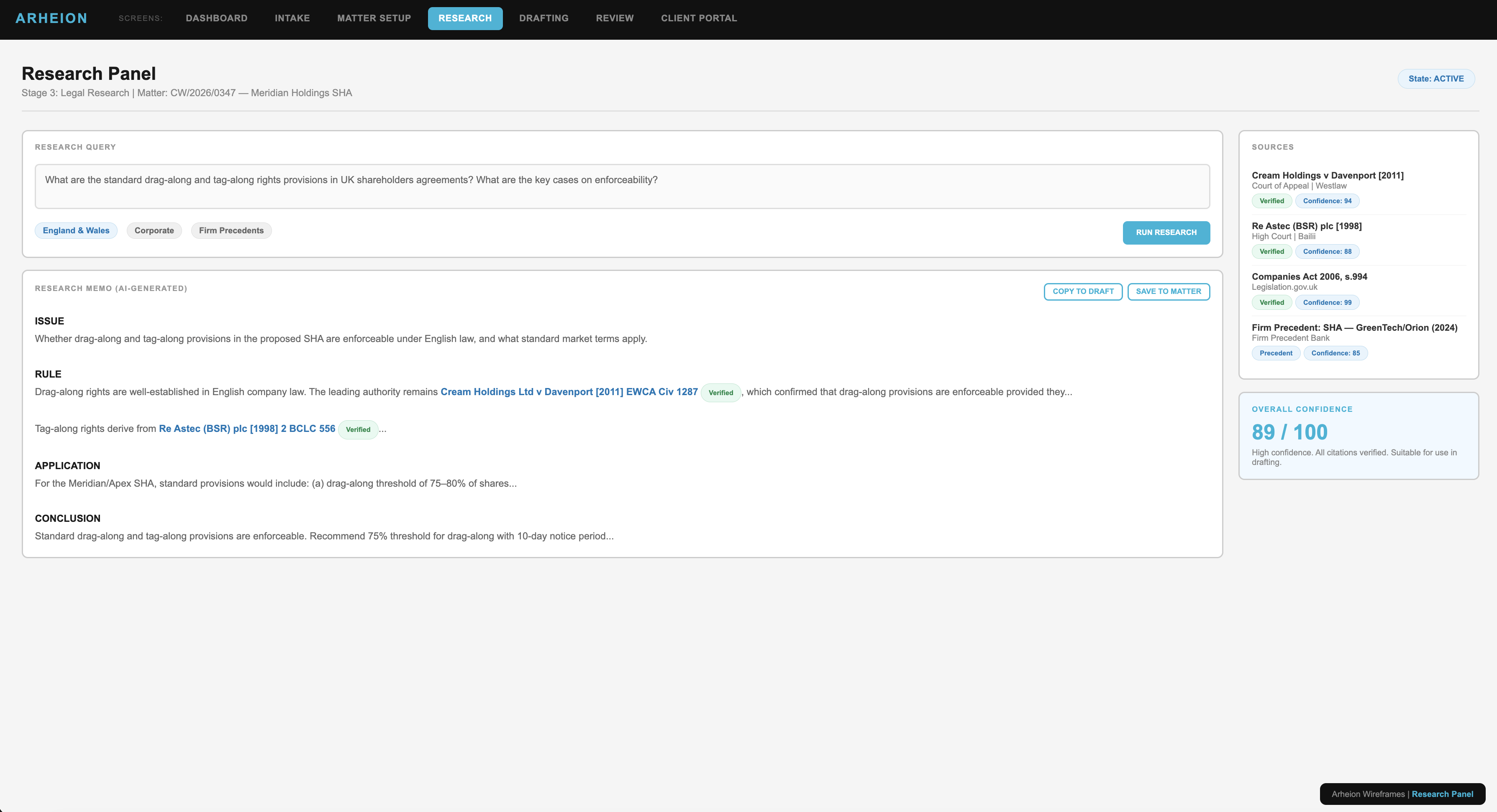 fig.02 — research panel, matter-scoped retrieval, verified citations, 89/100 confidence
