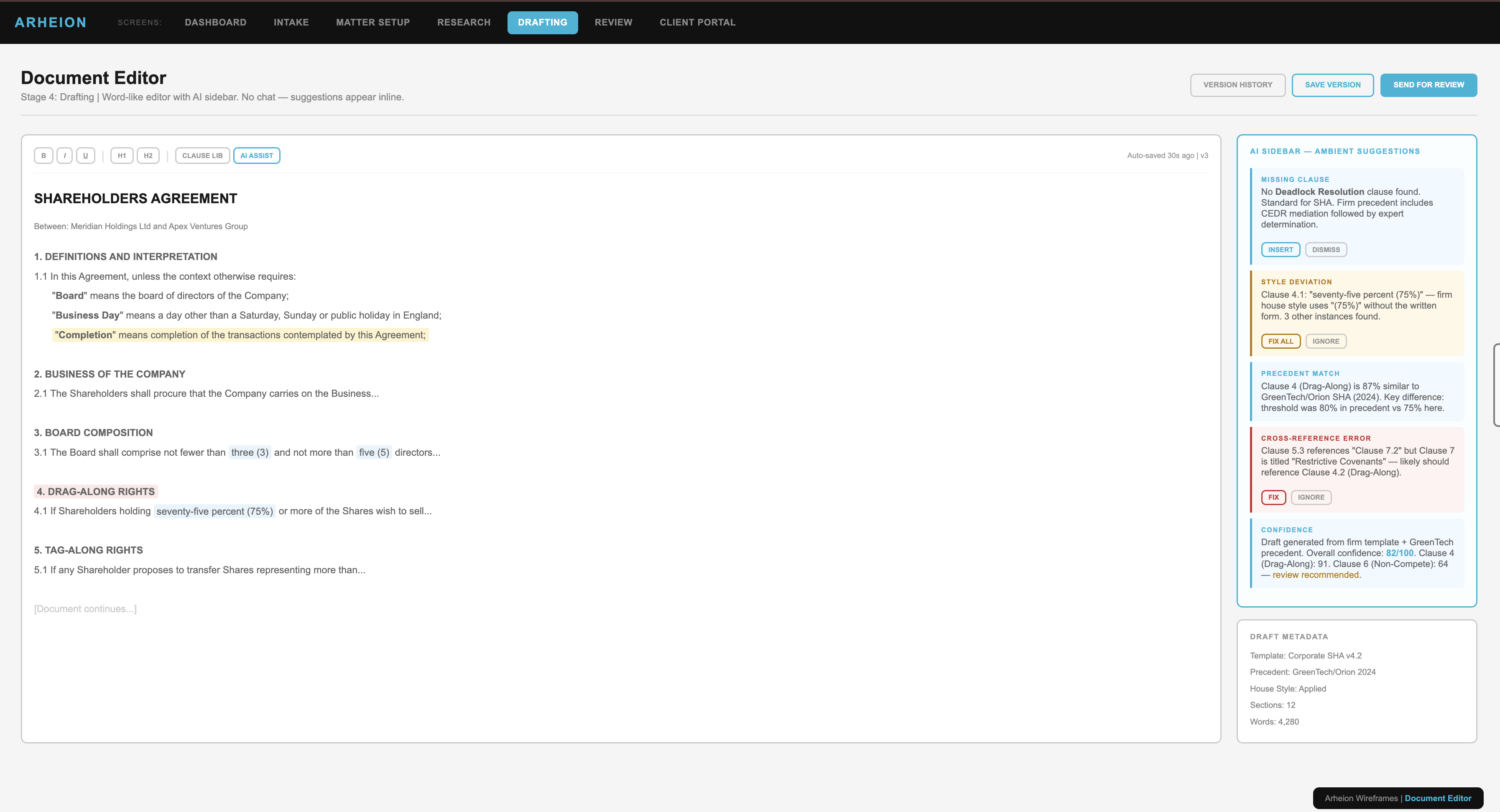 fig.03 — drafting editor, ambient AI sidebar flagging missing clause, style deviation, precedent match, cross-reference error