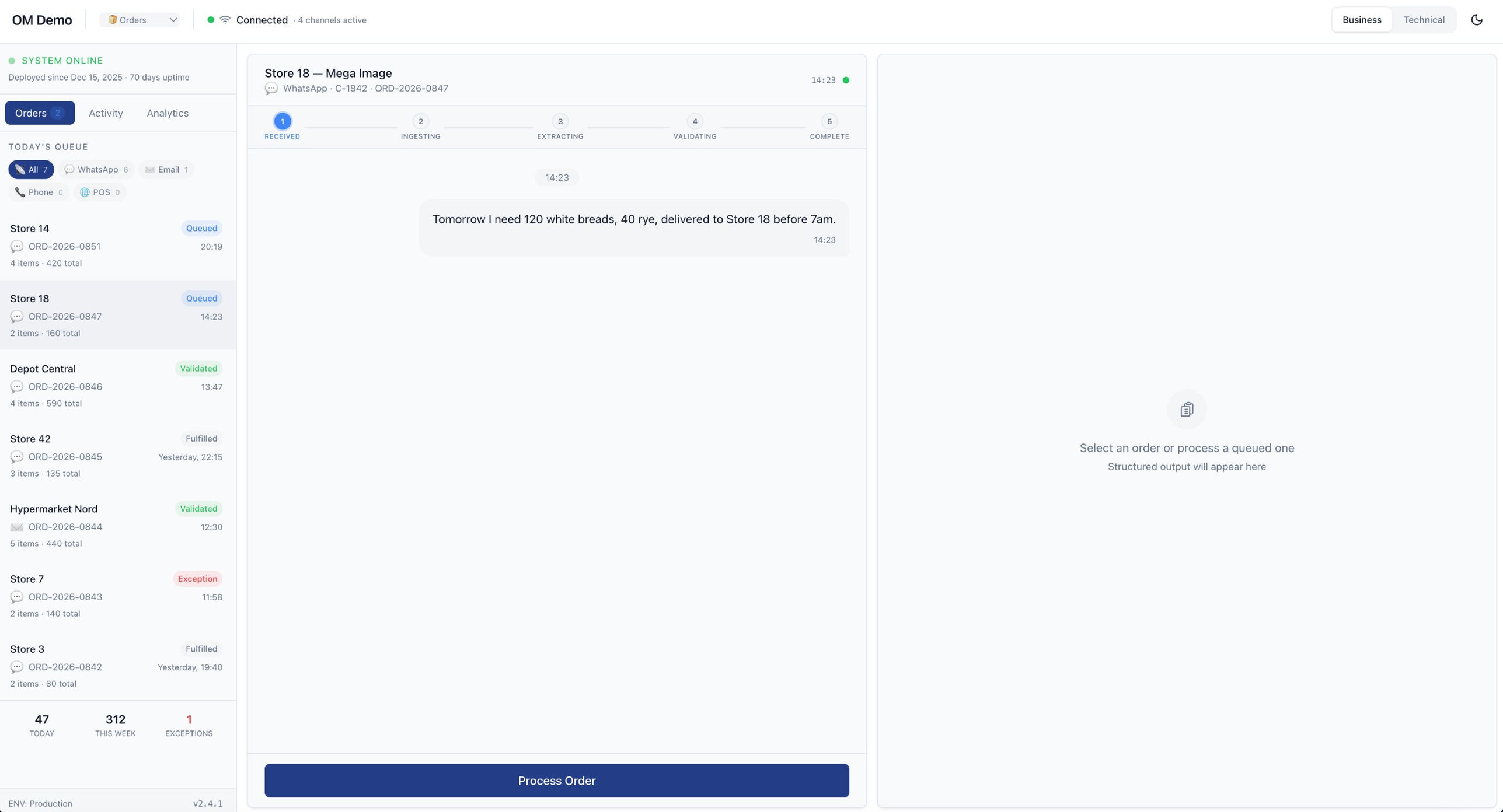 fig.02 — queue view, WhatsApp order in received state
