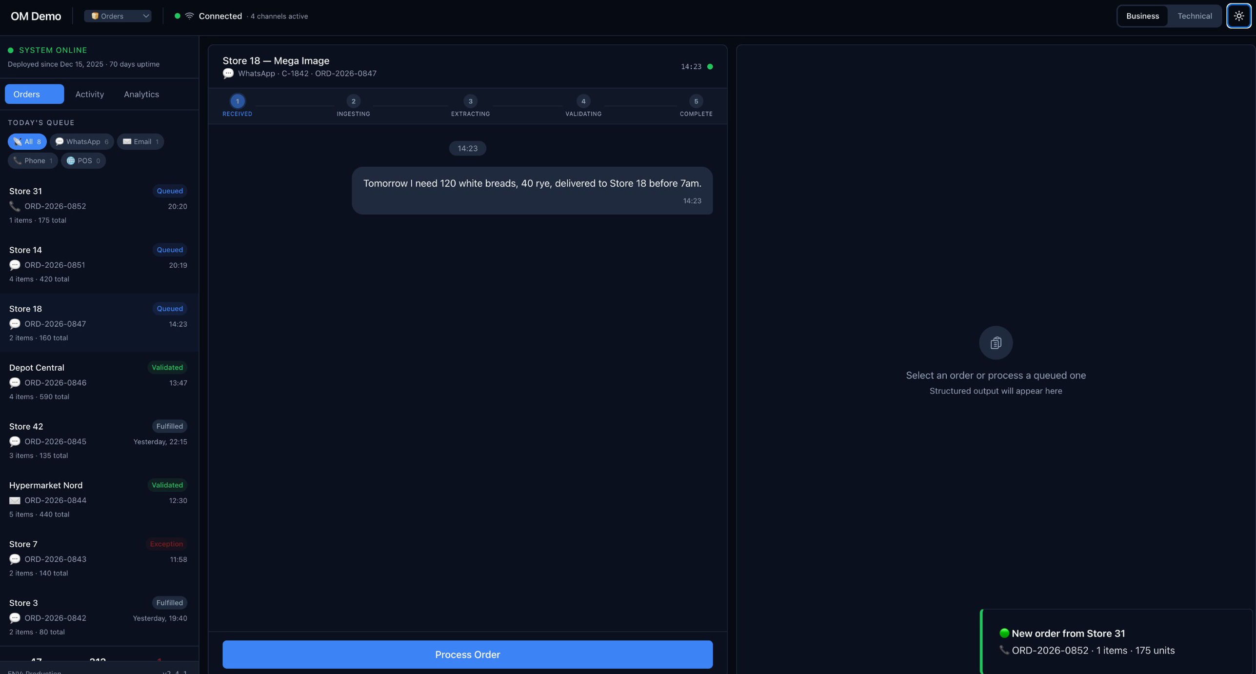 fig.03 — same queue in dark mode with a new inbound order popping in live